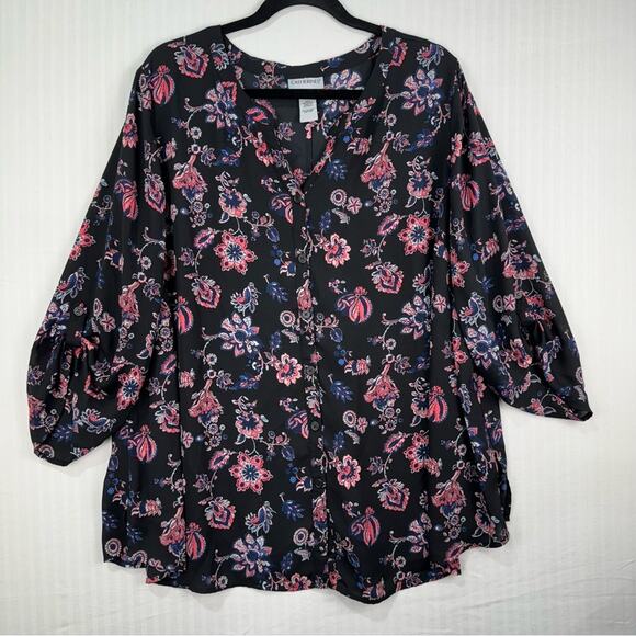 Catherine’s Black Peasant Blouse Women 2X Sheer Button Up Boho Chic Pink Floral - Picture 1 of 9